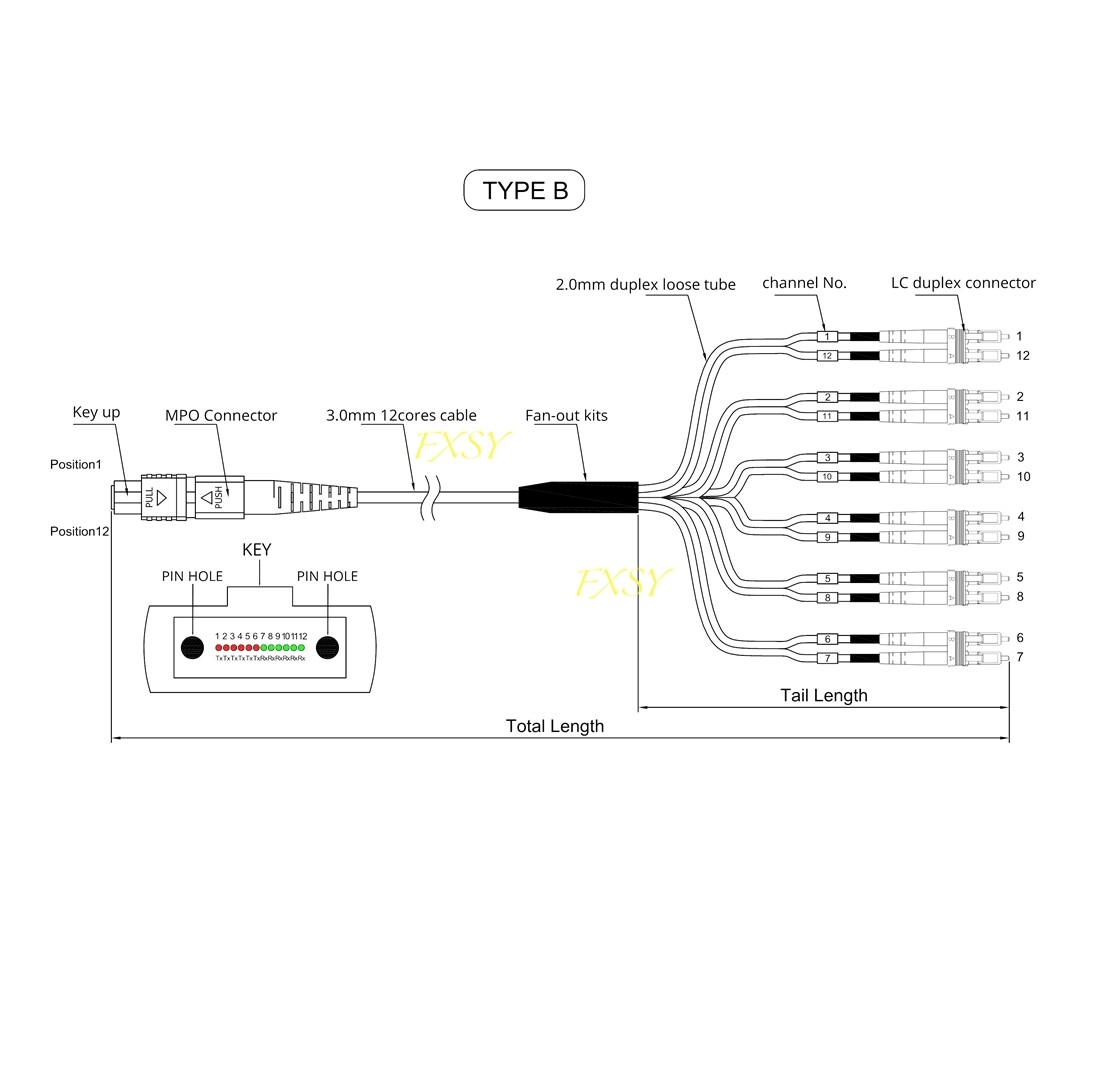 1~20M MPO Female to 6 LC Duplex 12 Fibers OM4 Branch Fiber Optic Jumper Type A/B