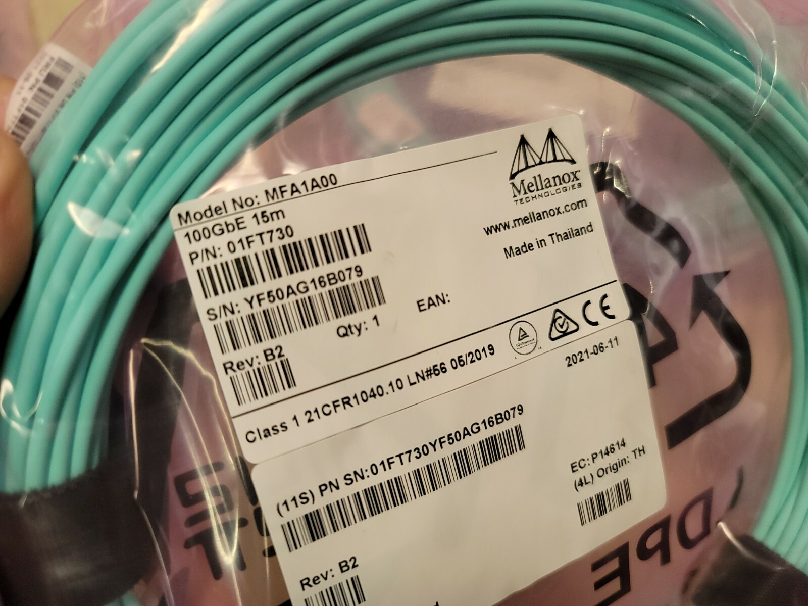 MFA1A00 01FT730 Mellanox AOC Cable IB EDR up to 100Gb/s QSFP 15M