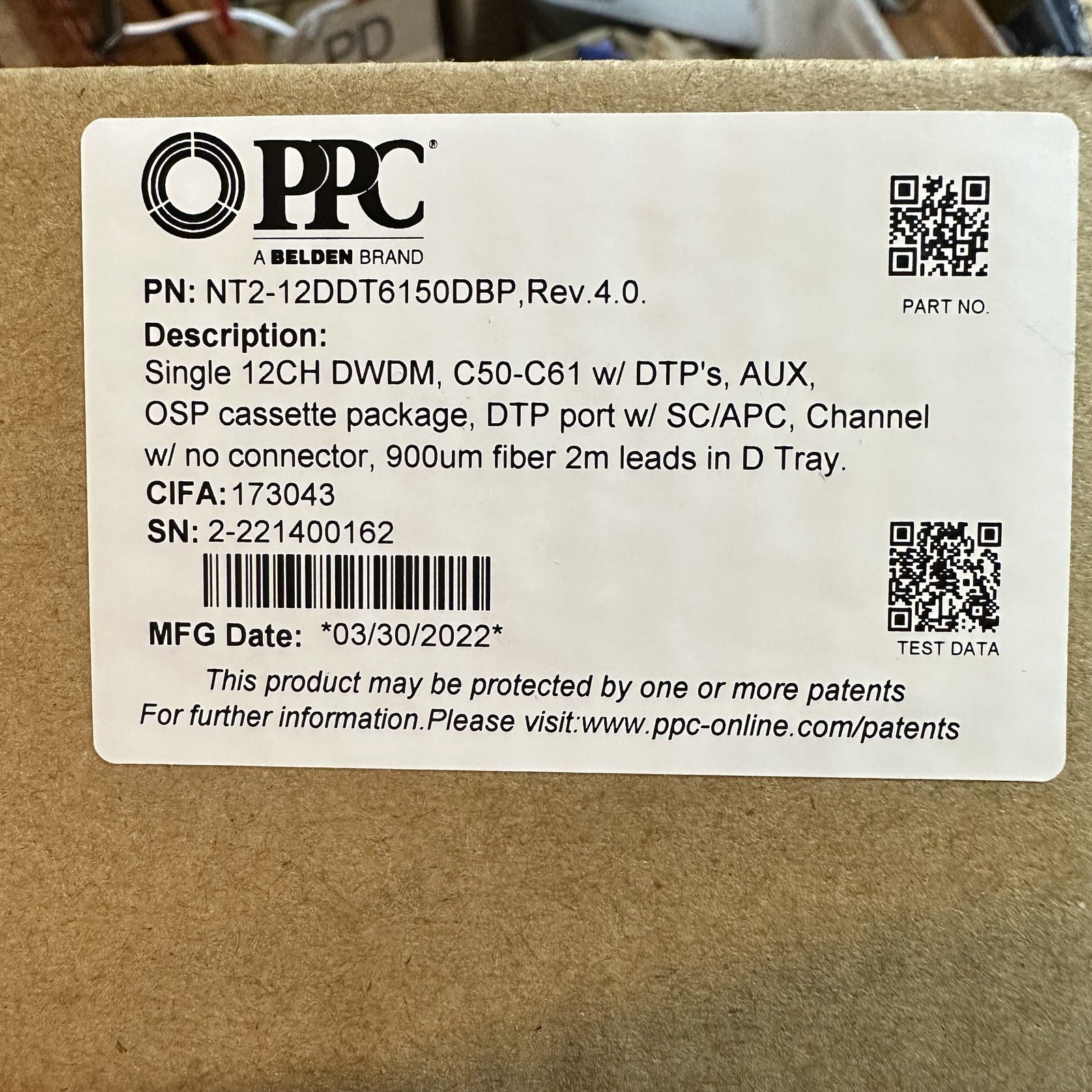 PPC Belden NT2-12DDT6150DBP 12CH DWDM Cassette FOR Fiber Optic Network