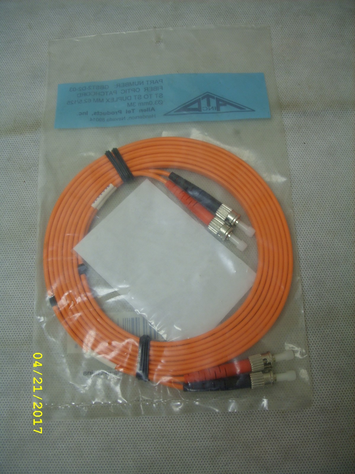 Allen Tel Products Fiber Optic Patchcord GBST2-D2-03 ST to ST Duplex MM 3.0mm 3M