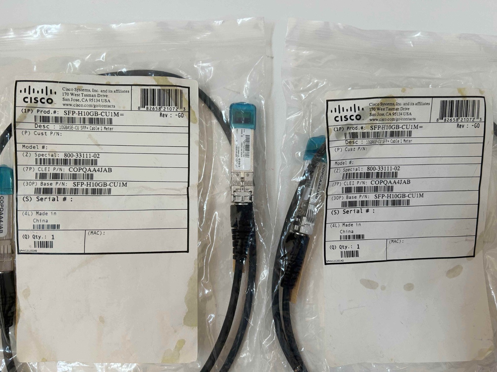 NEW 2 x Cisco SFP-H10GB-CU1M 10GBASE-CU SFP+ Cable 1 Meter Direct Attach Cable