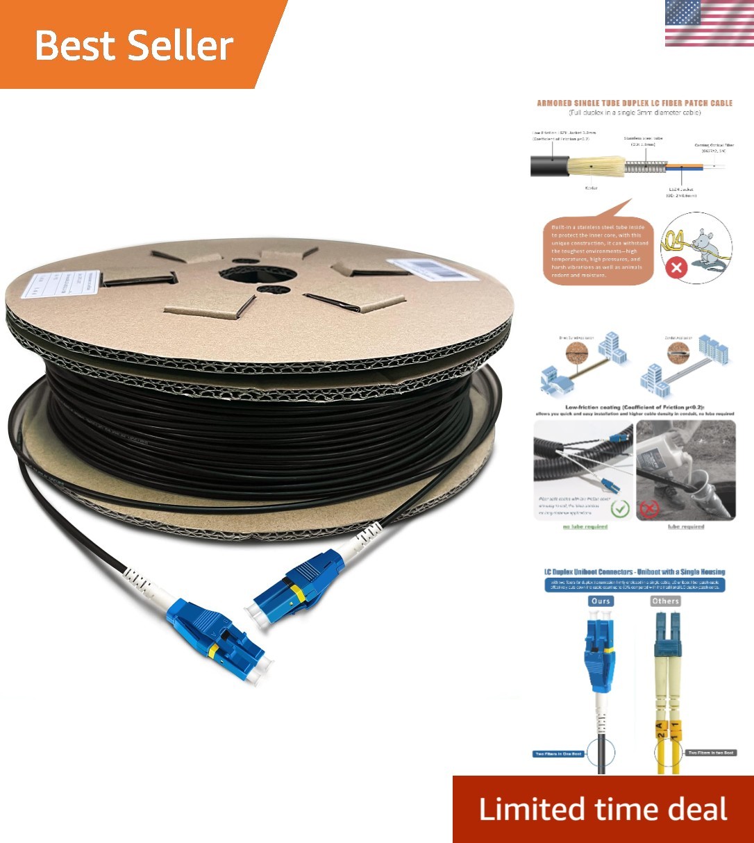 500 Feet 150 Meters Uniboot LC to LC Outdoor Armored Fiber Patch Cable, Low F…