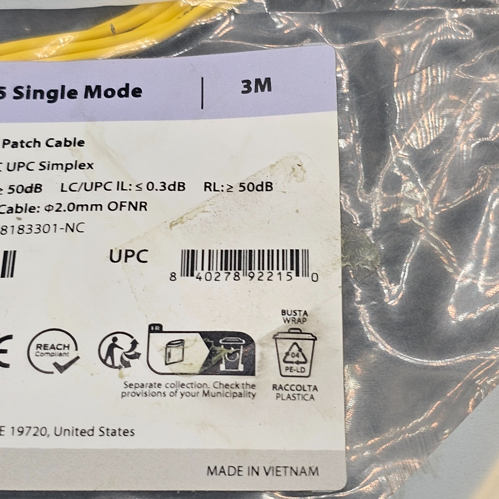 (QTY 2) FS SMLCSX: OS2 9/125 Single Mode Fiber Patch Cable 3M