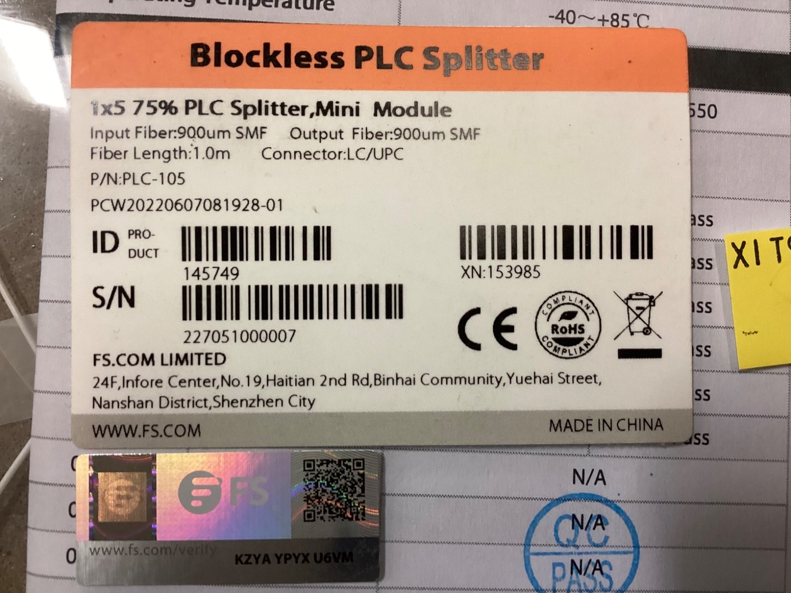 1 x 5 75% PLC Fiber Splitter, Singlemode Mini Module, LC/UPC 1.0M 153985 PLC-105