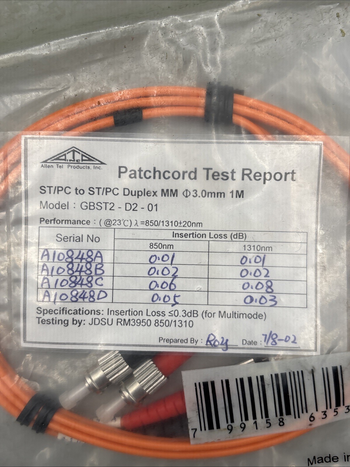 Allen Tel GBST2-D2-01 Fiber Optic Patch Cord ST To ST Duplex MM 3.0mm 1M NEW