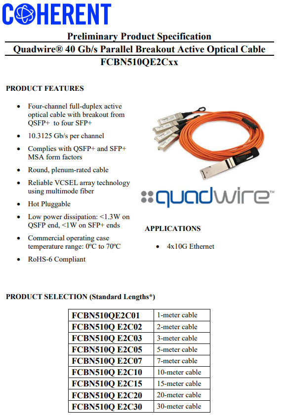 Finisar Quadwire 40Gbs 7m QSFP to 4x10G SFP+ Parallel Breakout AOC FCBN510QE2C07