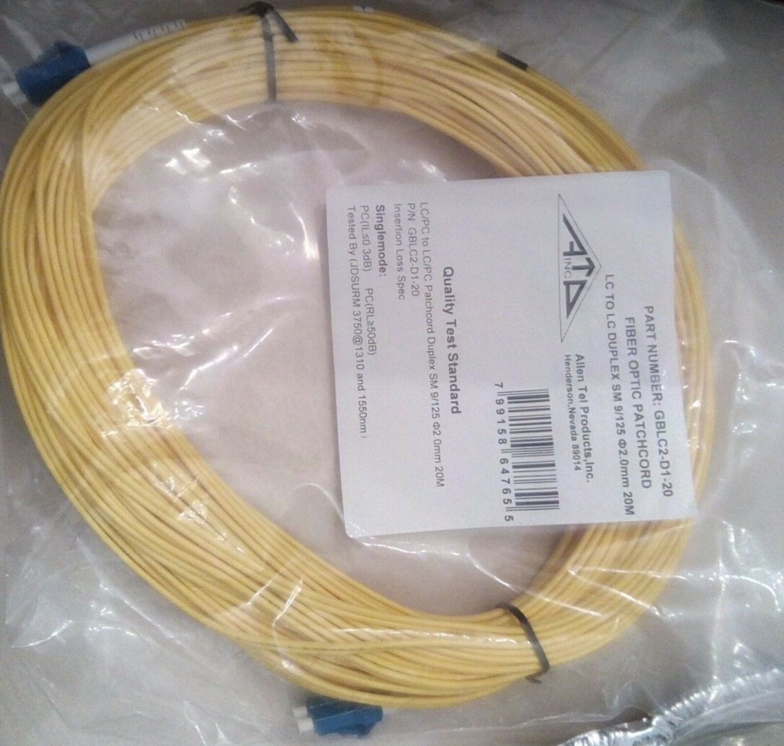 ALLEN TEL GBLC2-D1-20 Fiber Optic Patch Cord CL to CL DUPLEX SM 9/125 20M