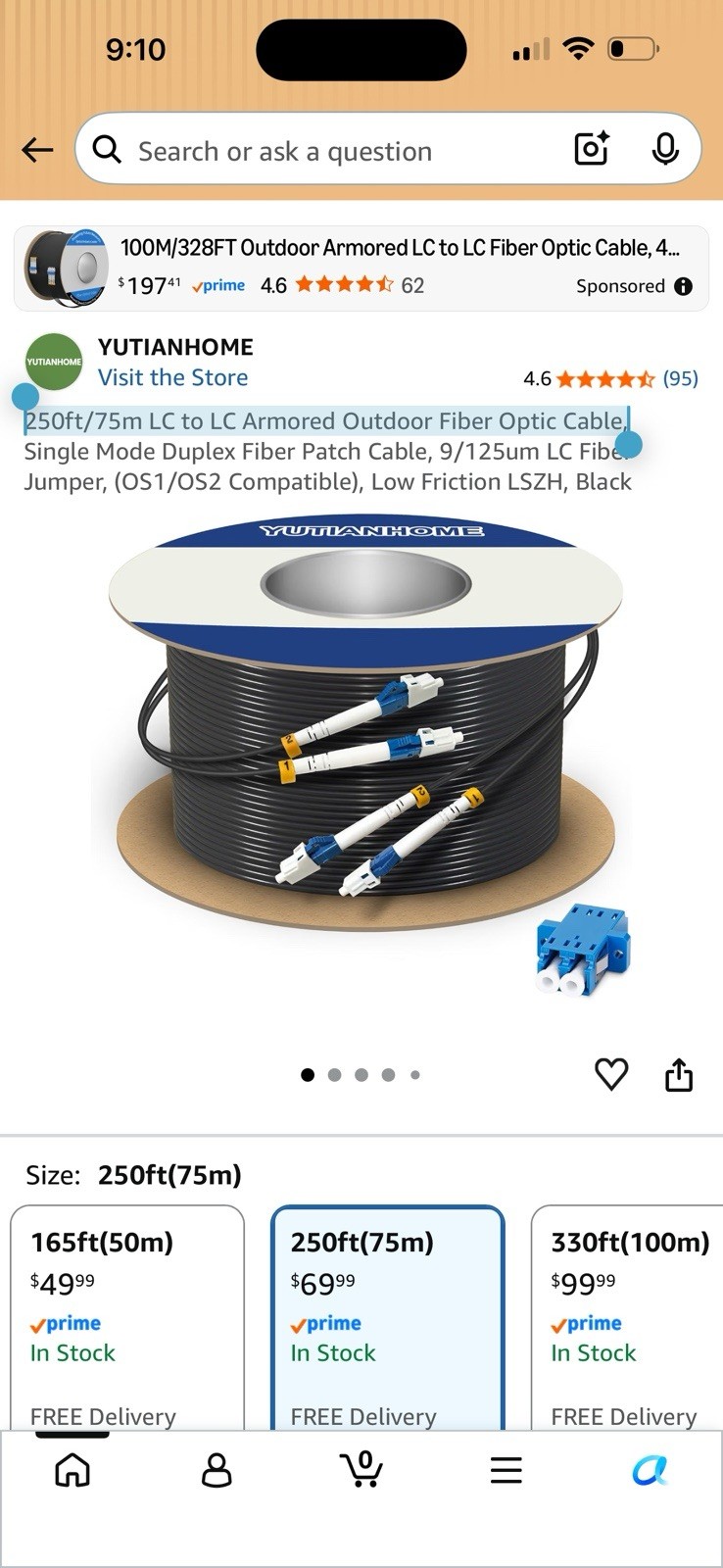 Yutianhome 250ft/75m LC to LC Armored Outdoor Fiber Optic Cable,