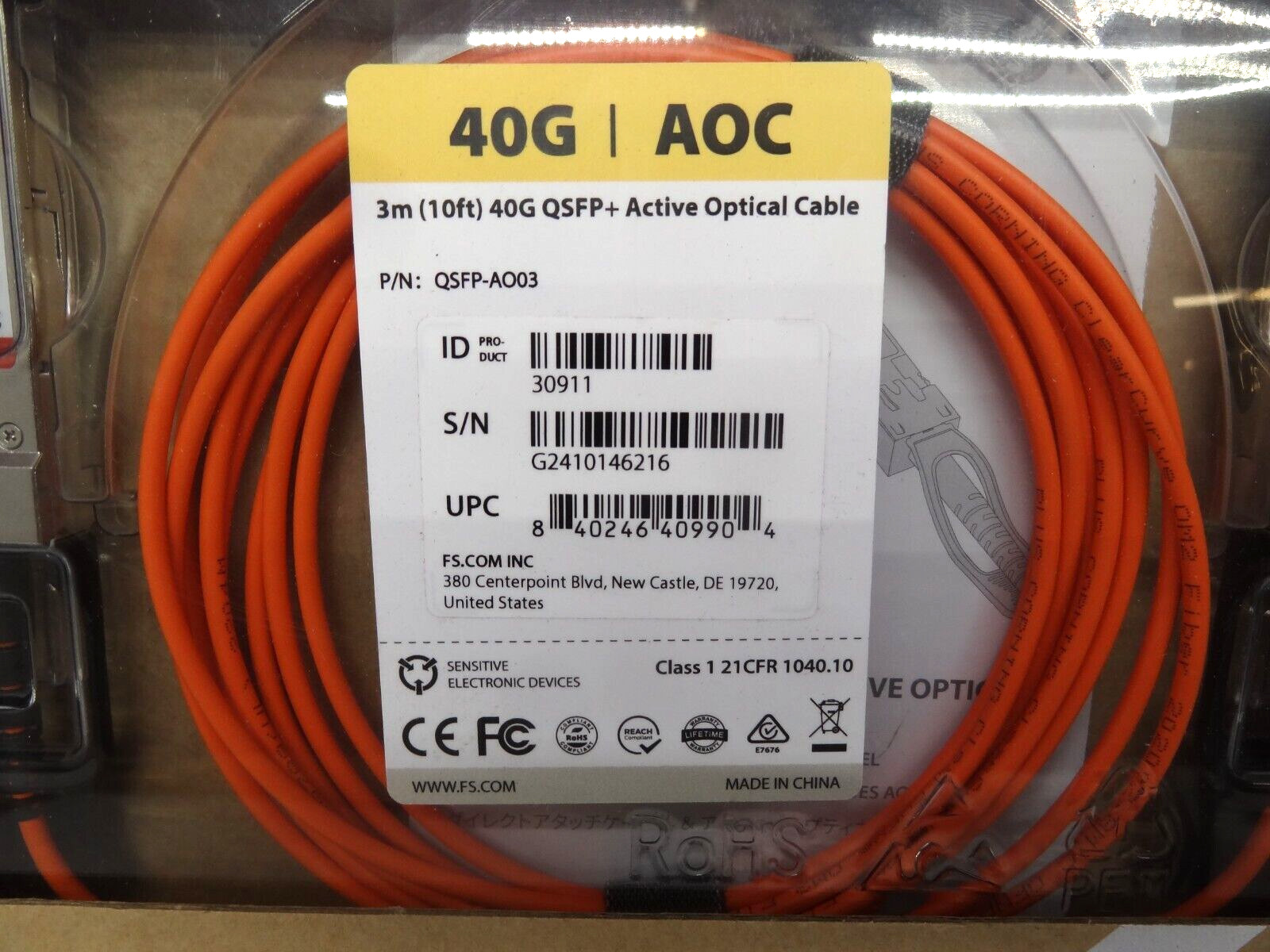 FS.com 3m (10ft) 40G QSFP+ Active Optical Cable QSFP-AO03 New T9-C4