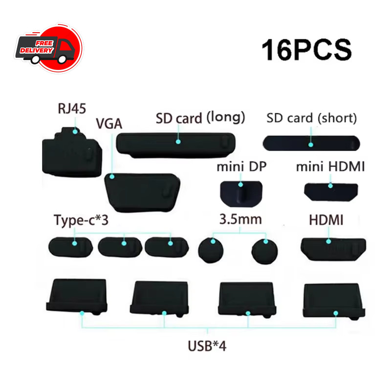 16pcs Universal Laptop Port Plug Silicone Dustproof USB Protector Cover Set