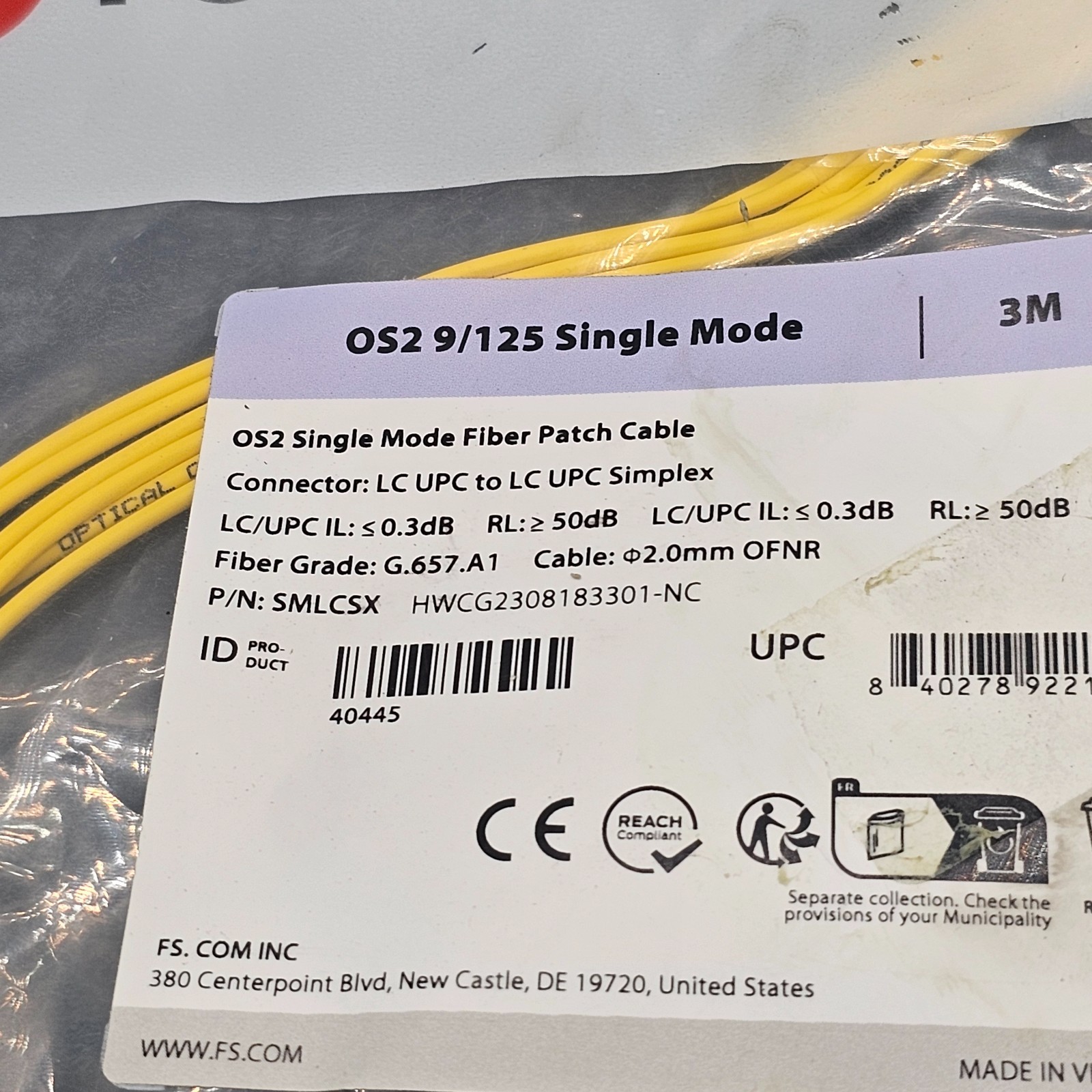 (QTY 2) FS SMLCSX: OS2 9/125 Single Mode Fiber Patch Cable 3M