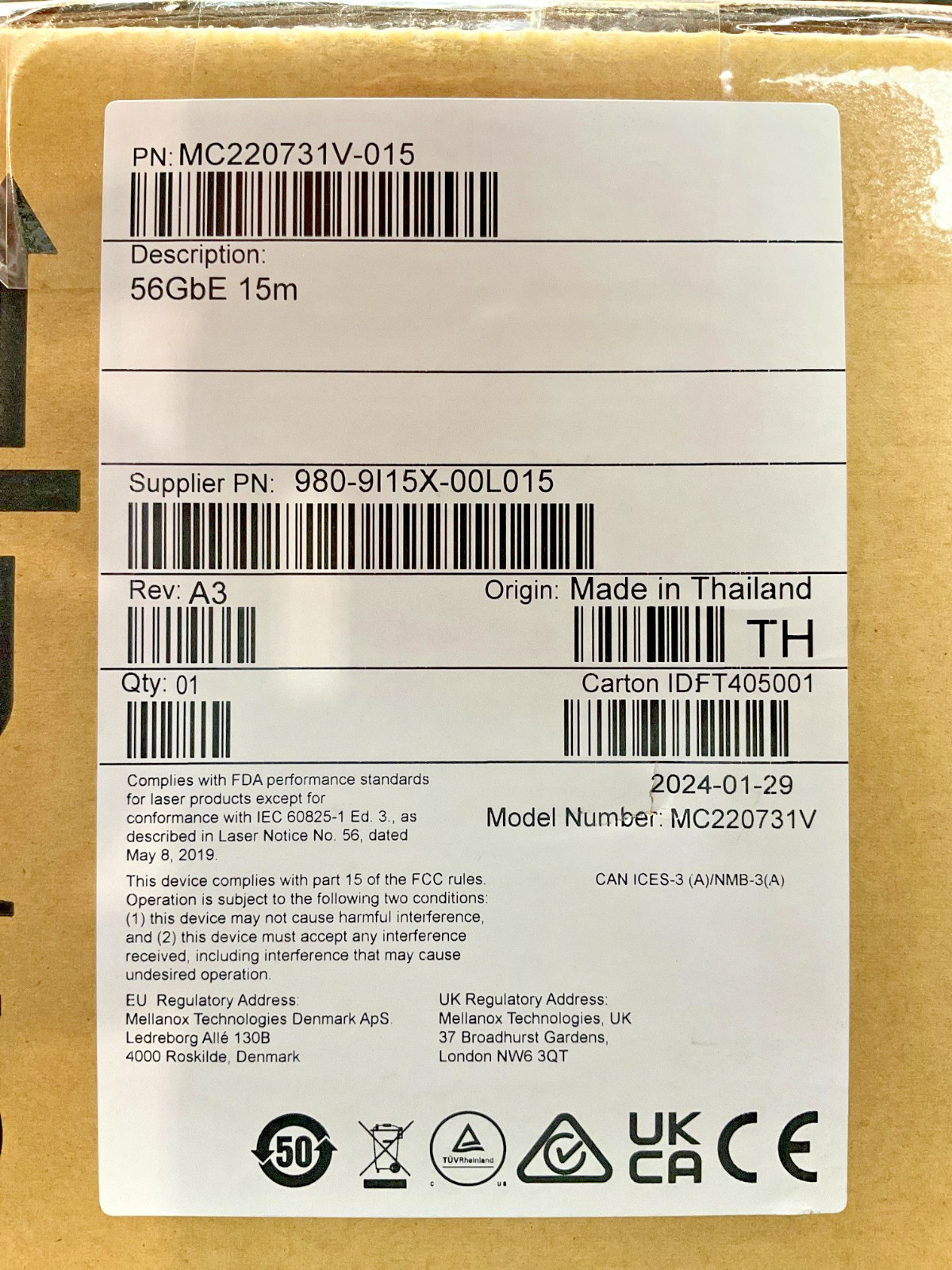 Mellanox InfiniBand QSFP Active Optical Cable 15 meters MC220731V-015