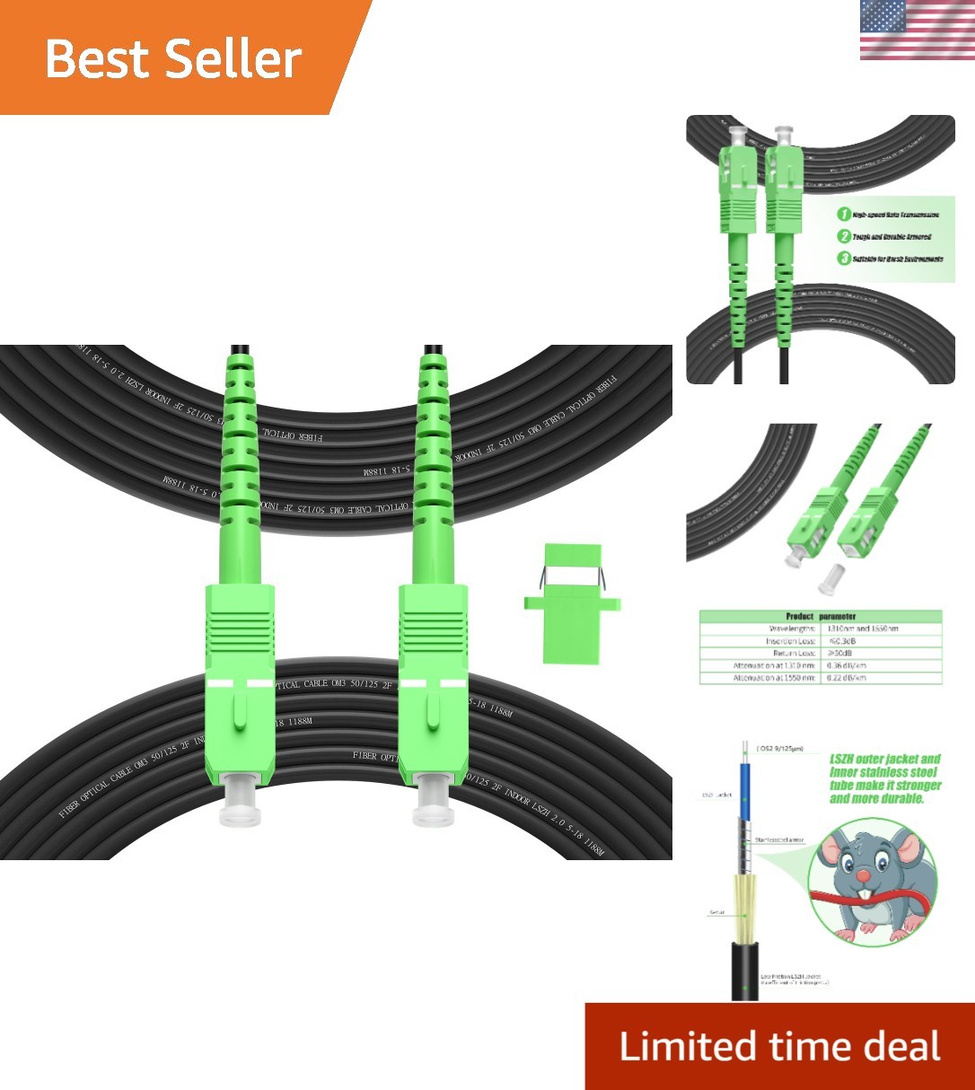30m SCA to SCA Outdoor Fiber Optic Cable – LSZH Armored, Low Loss, Black