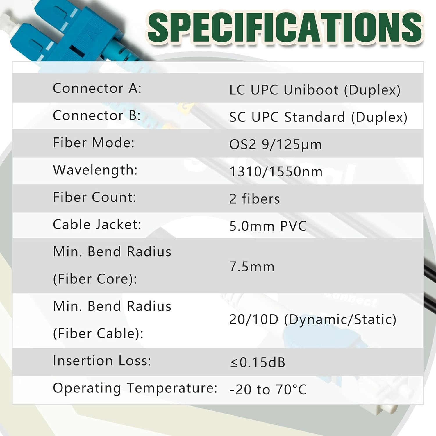 Armored 656ft LC to SC Single Mode Fiber Cable, 9/125um, Outdoor Use