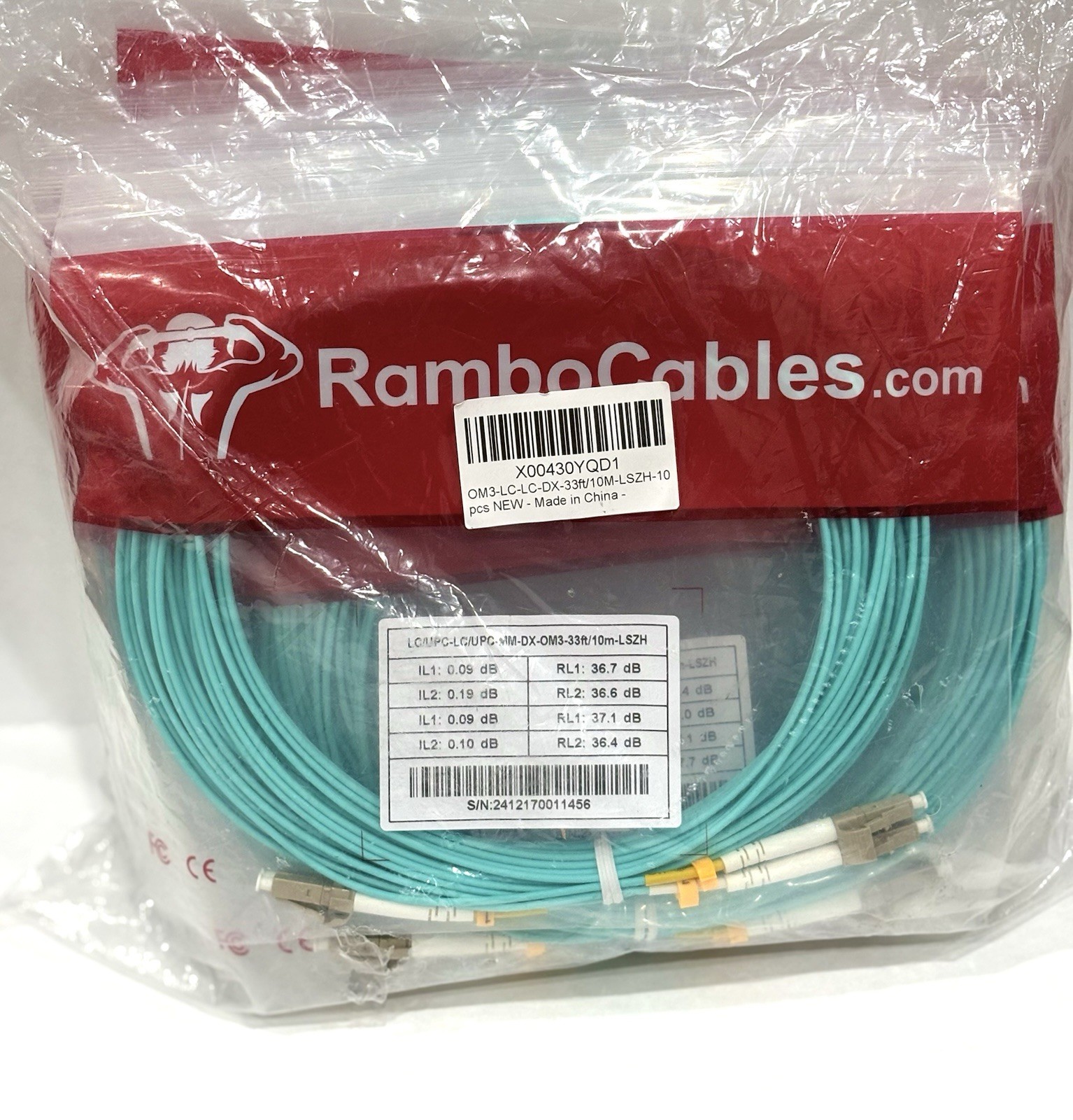 Lot of 10 RamboCables LC/UPC Duplex OM3 Multimode Fiber Cable 33ft 10m LSZH New