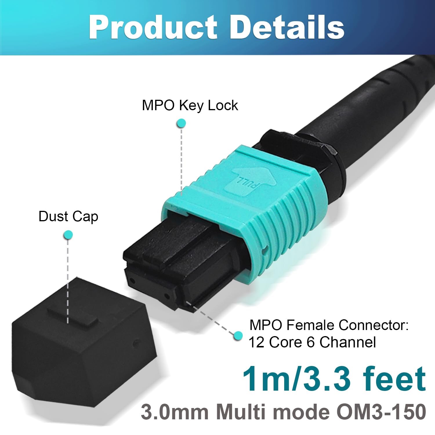 2 PCS 1m MPO Fiber Optic Patch Cord OM3150 MultiMode Jumper Female To Female