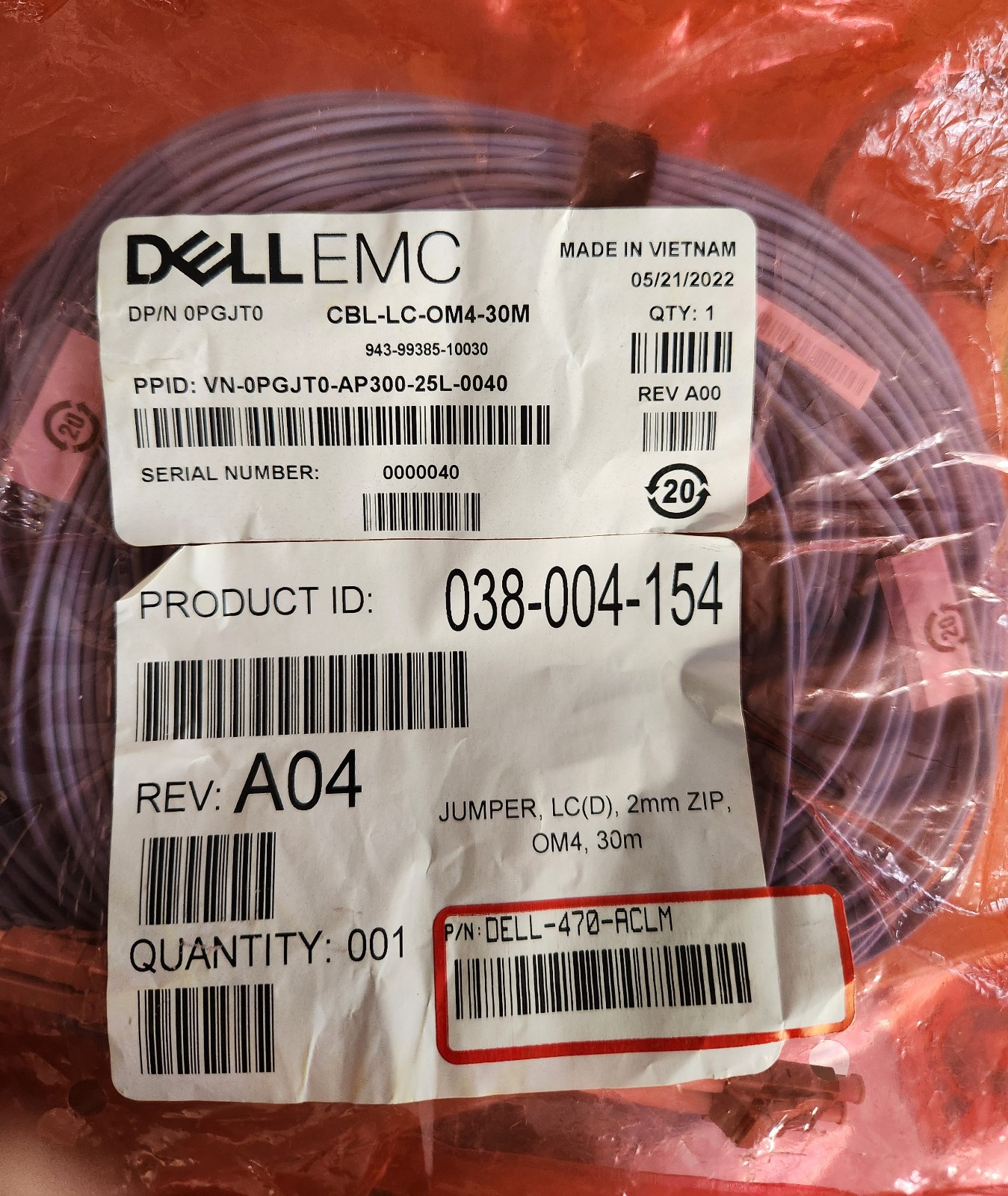 New Dell 0PGJT0 CBL-LC-OM4-30M 30 Meter Fiber Cable