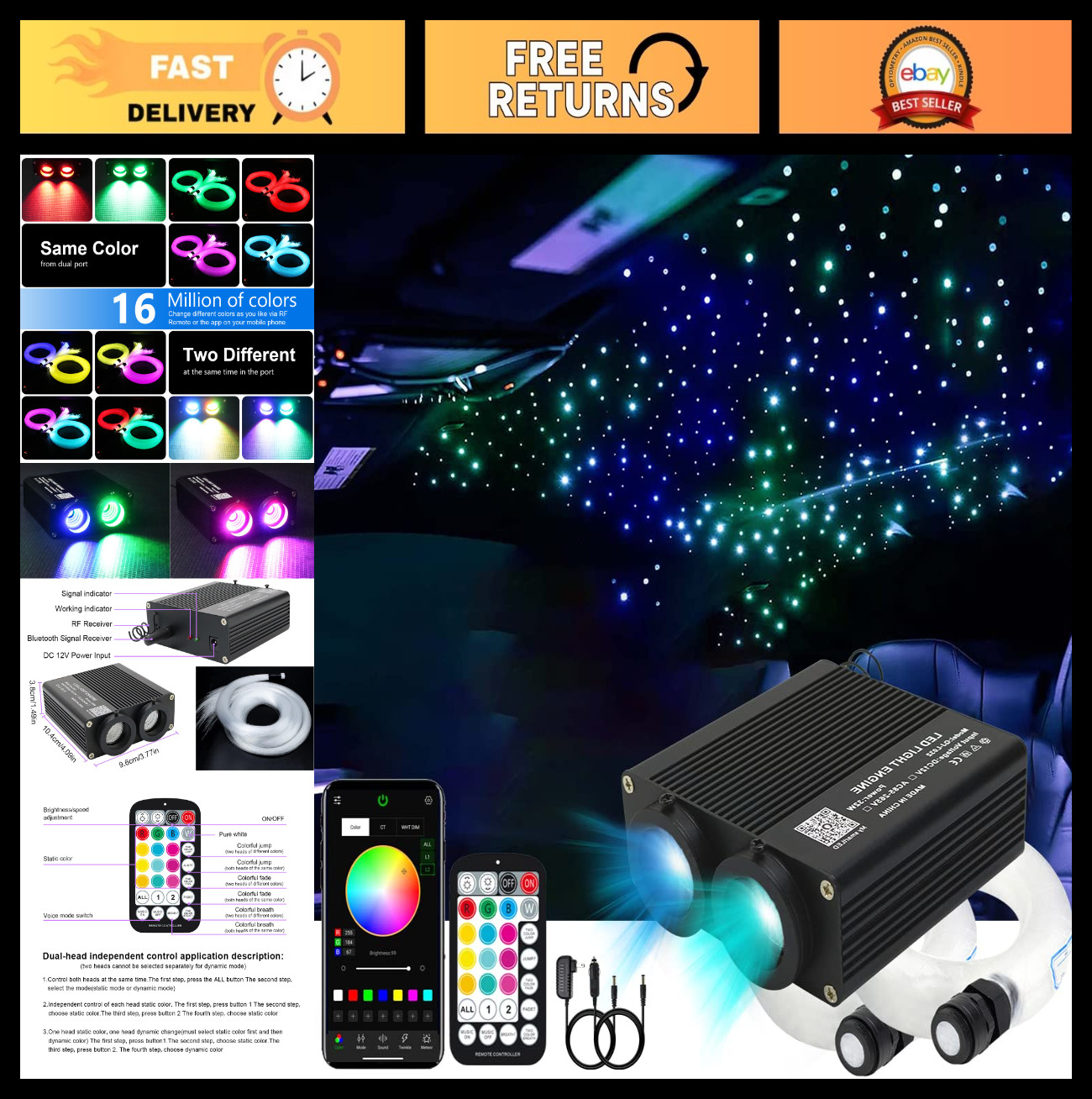 Dual Color 32W Fiber Optic Starlight Kit – 600pcs 0.03in 9.8ft Strands, Sound-Ac
