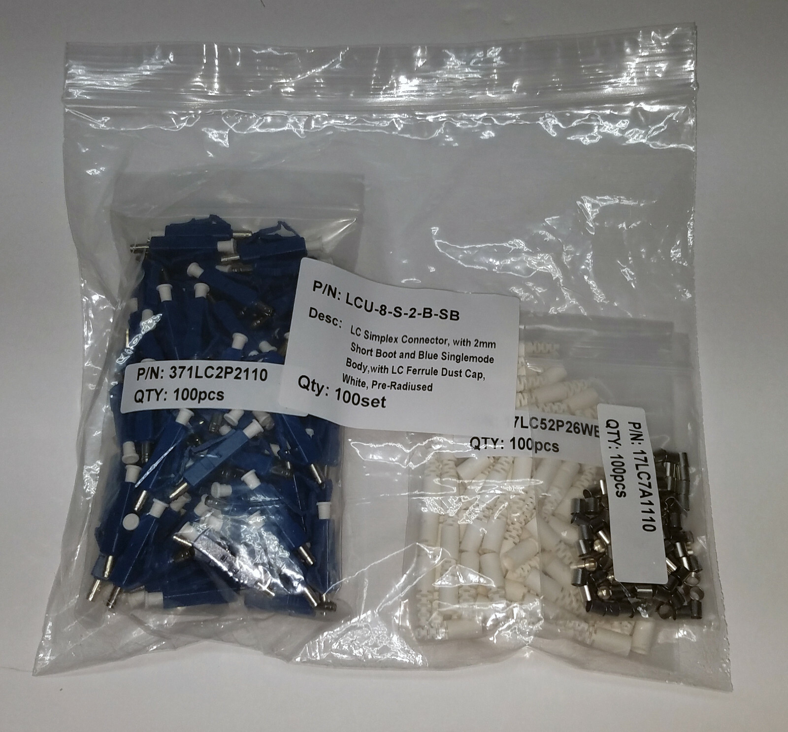 LC/UPC Epoxy & Polish Connector, Blue, 2mm Short Boot, Pre-Radiused (100 pack)
