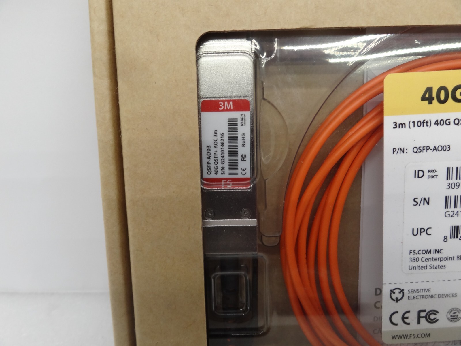 FS.com 3m (10ft) 40G QSFP+ Active Optical Cable QSFP-AO03 New T9-C4