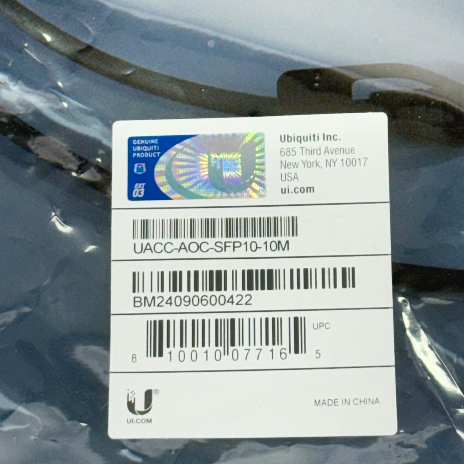 Ubiquiti UACC-AOC-SFP10-10M 10G SFP+ Active Optical Fiber Cable 10 Meter Sealed