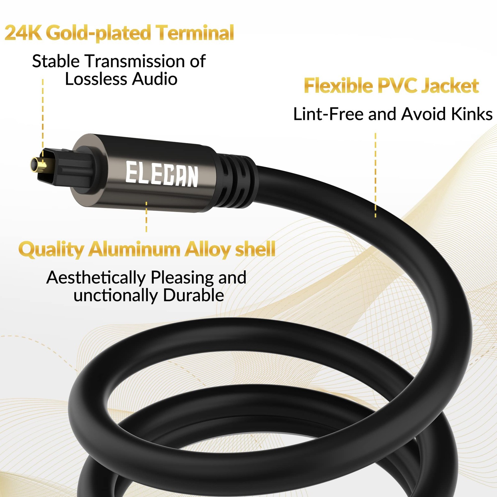 Optical Audio Cable 30 Ft Digital Audio Toslink Cable Cord-Fiber Optic-Gold P…