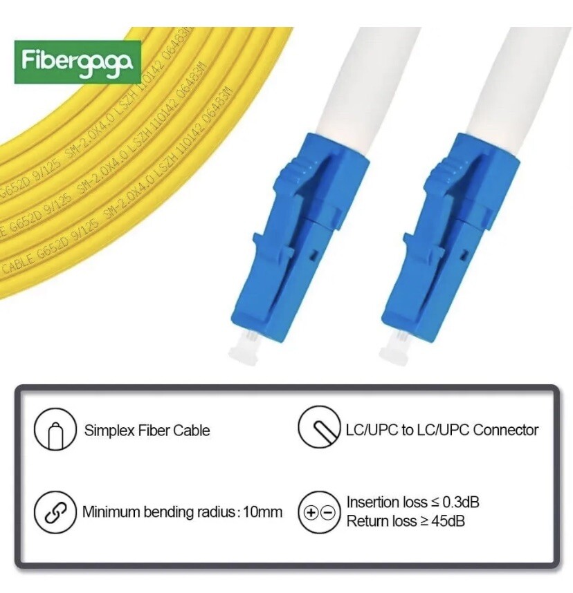 Fibergaga-20m(66ft) OS2 LC/UPC to LC/UPC Fiber Patch Cable, Single Mode Fiber