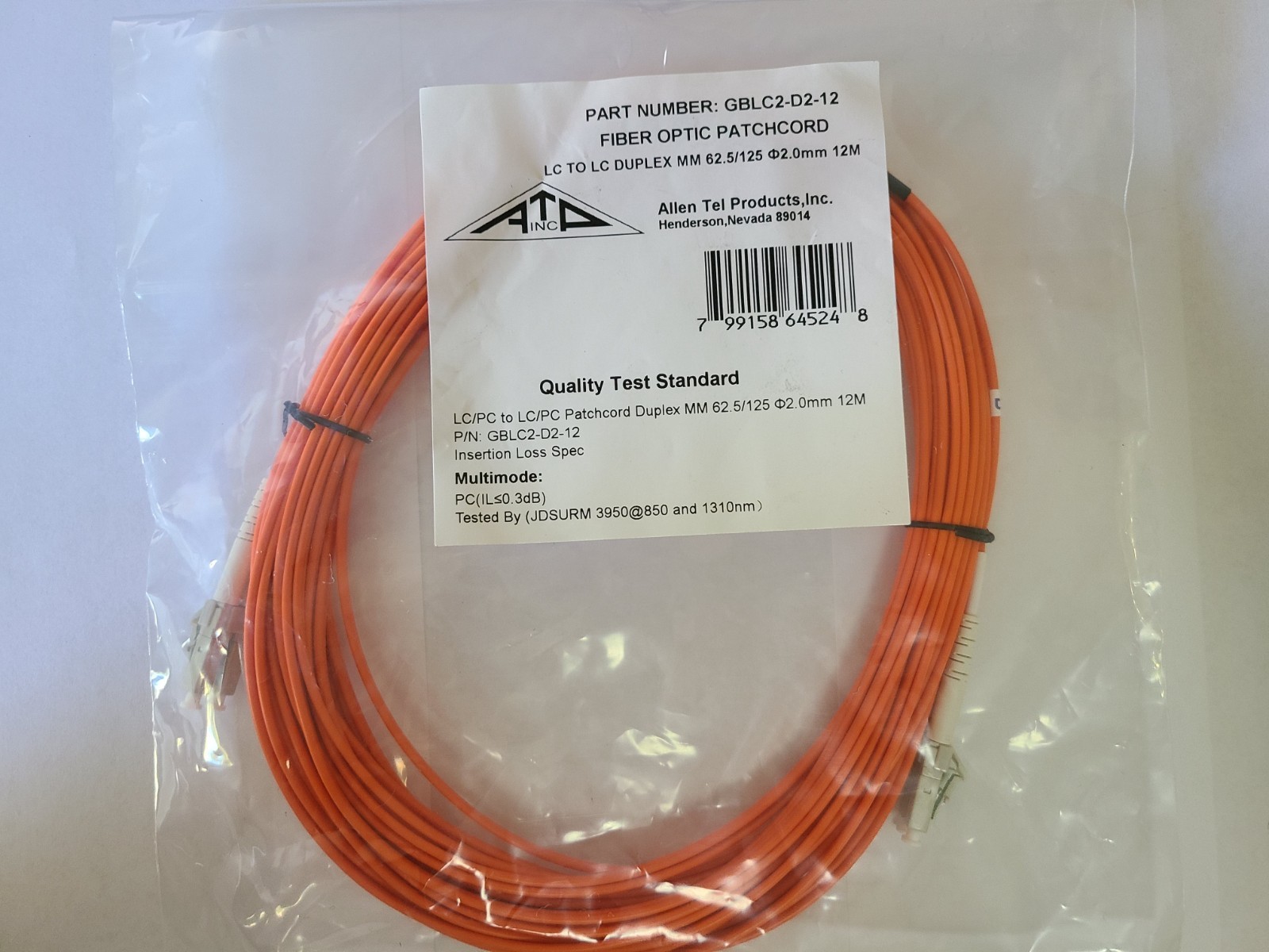Allen Tel Products GBLC2-D2-12 – OM1 Multi-mode Fiber – LC-LC – 12m