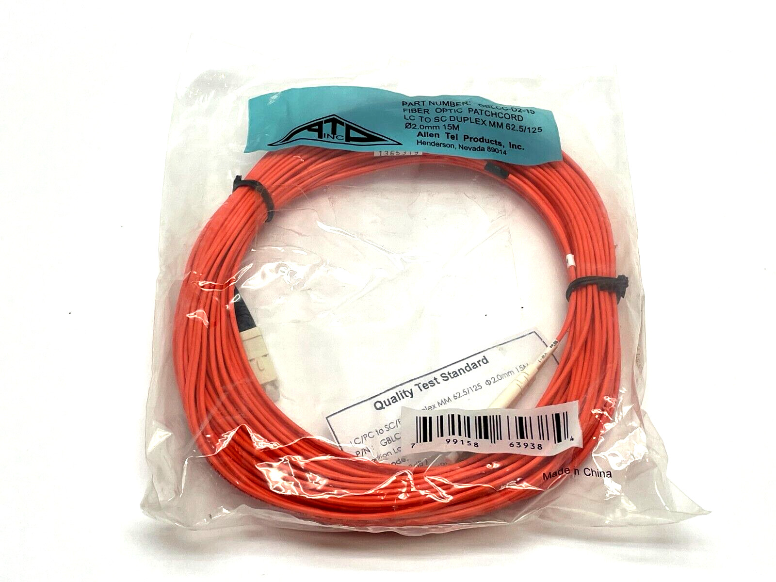 Allen Tel Products GBLCC-D2-15 Fiber Optic Patch Cord 15m Length