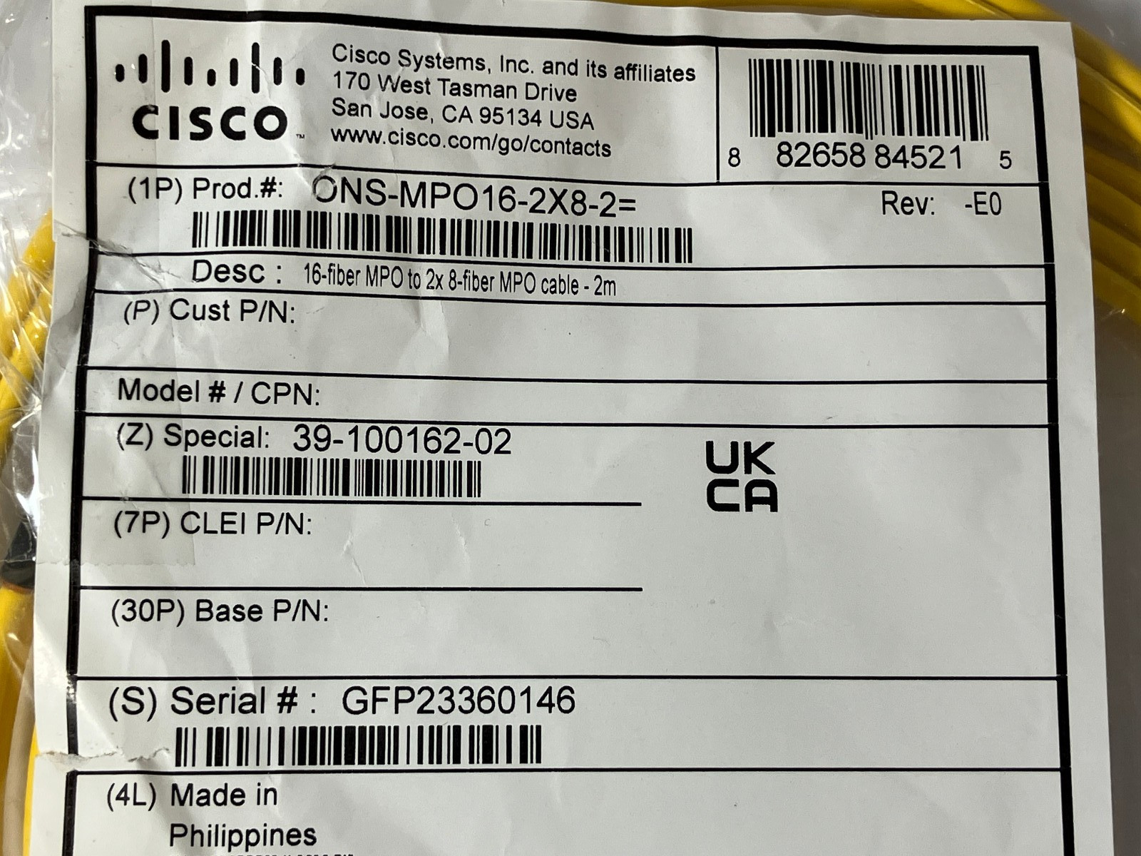 Cisco ONS-MPO16-2X8-2= 16-Fiber MPO to 2x 8-Fiber MPO Cable 2M OEM GENUINE- NOB