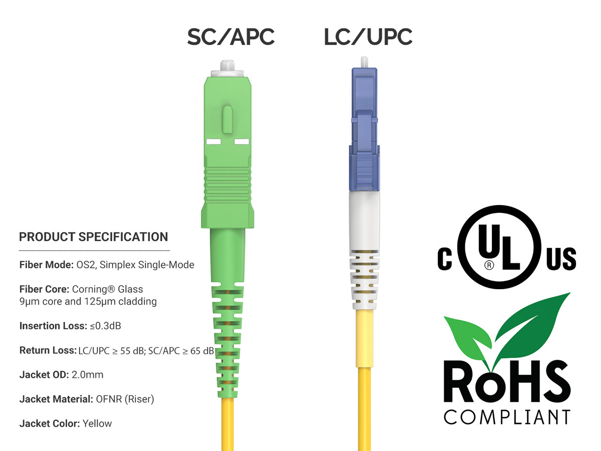 3m OS2 LC/UPC TO SC/APC Simplex Corning Fiber Optic Cable SingleMode 9/125 OF…
