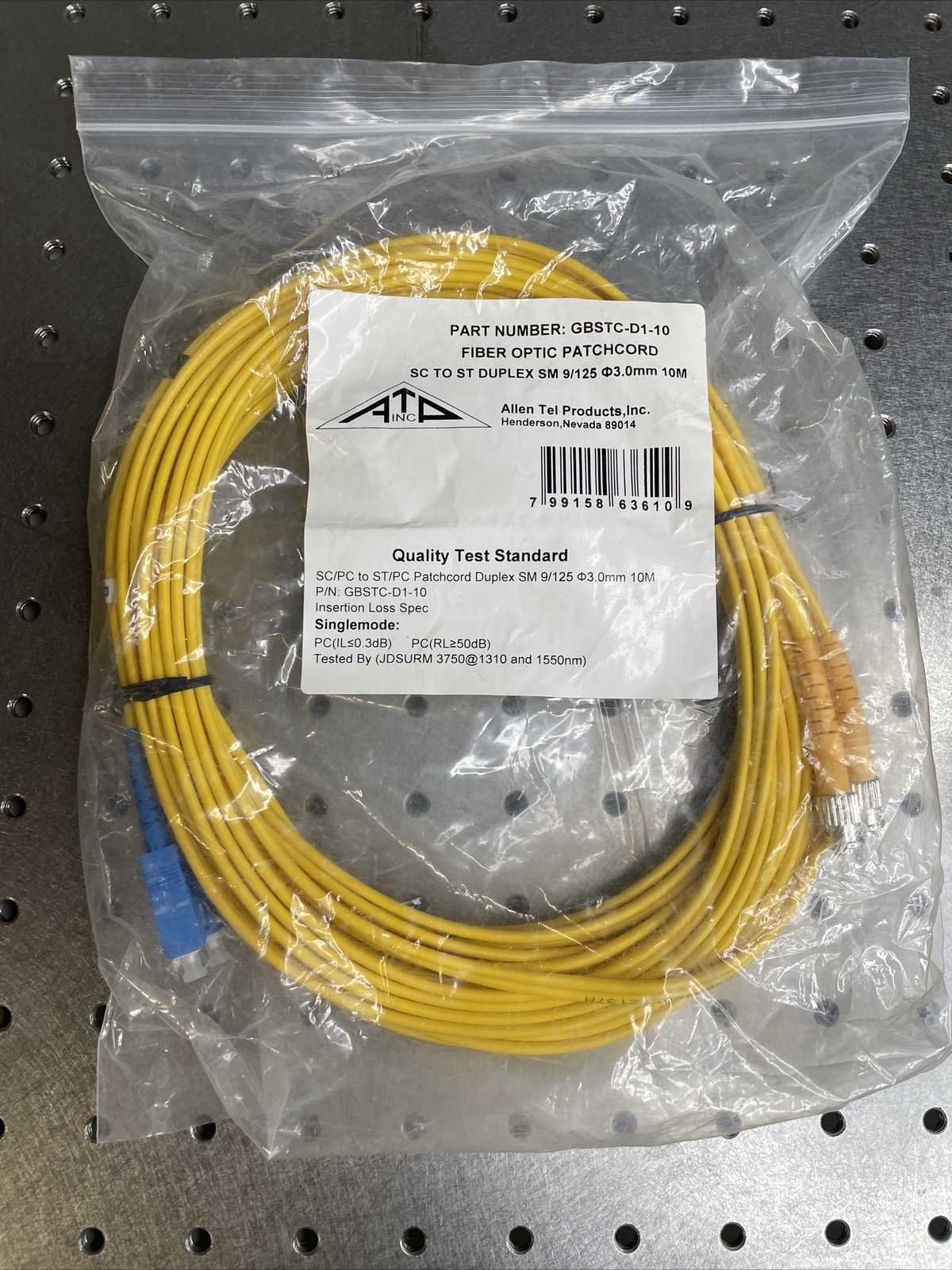 Allen Tel GBSTC-D1-10 Duplex ST to SC Fiber Optic Patch Cord, Singlemode, 10 M