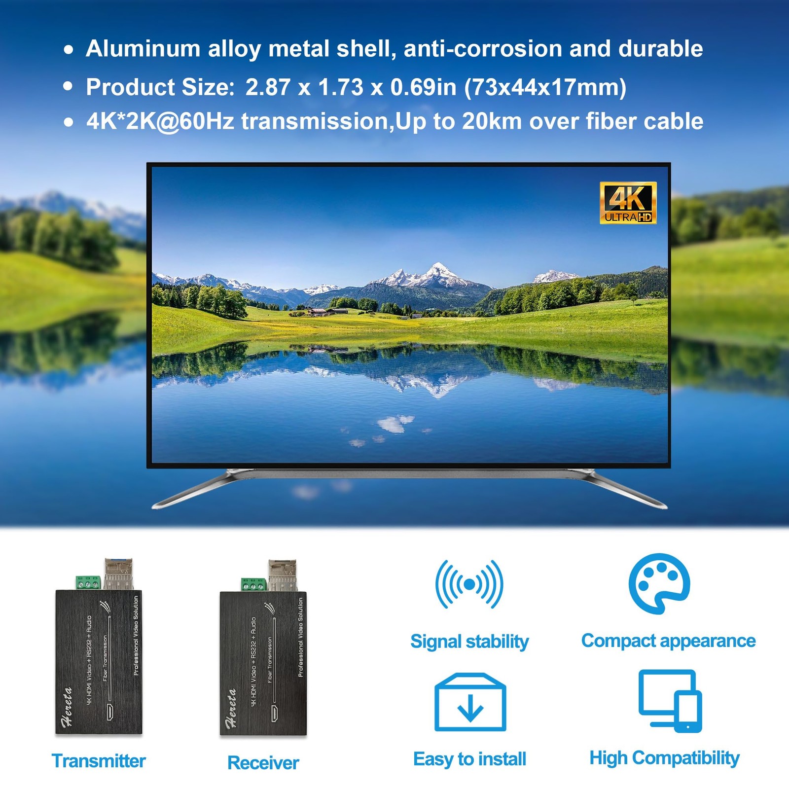 Hereta 4K HDMI Optical Video Extender 10.2Gbps Mini HD Fiber Mini, Black