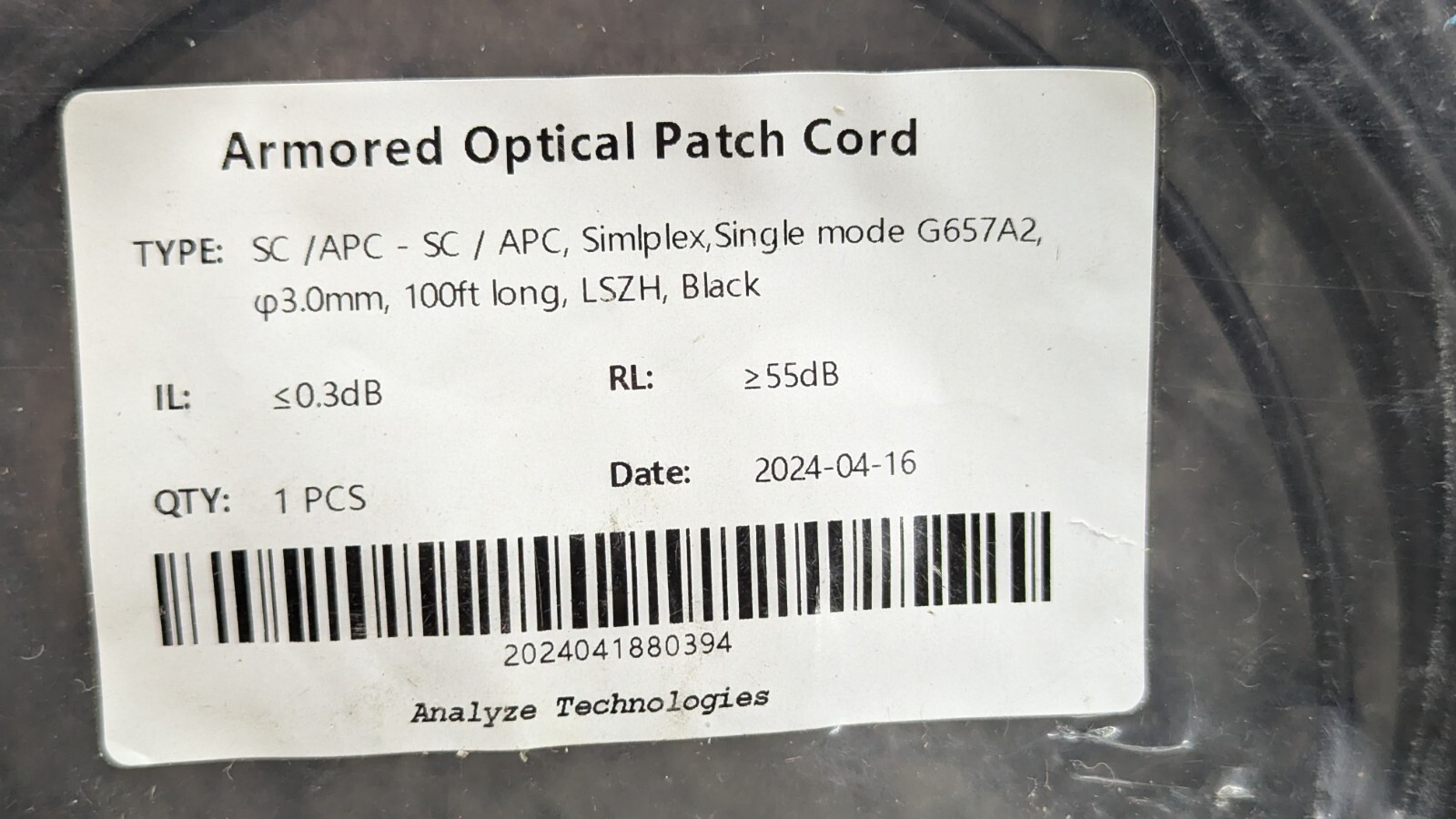 100 ft Armored Fiber Optic Patch Cord SC/APC – SC/APC, Simplex, Singlemode G657A