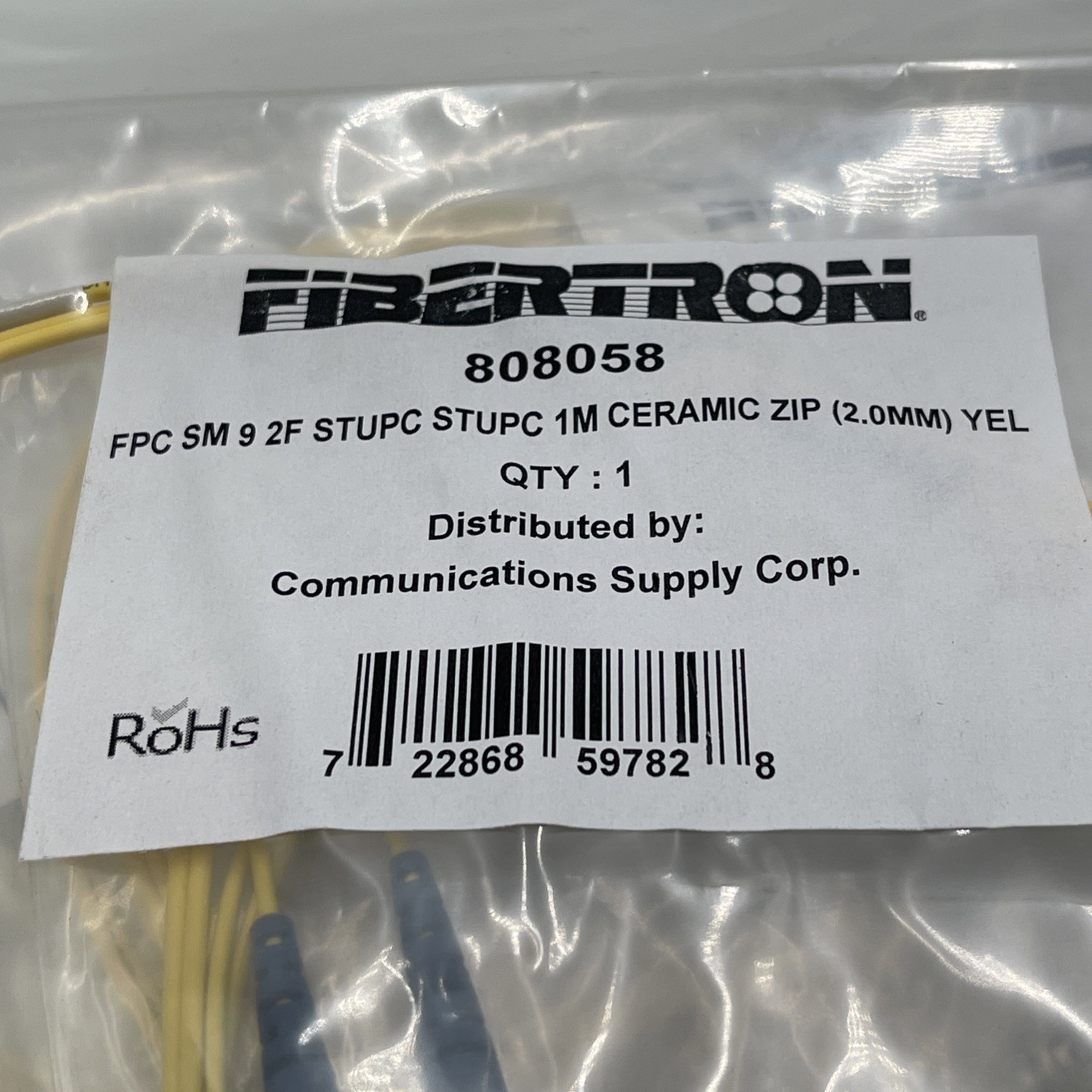 8 QTY FIBERTRON 808058 Fiber Optic Ceramic Zip Patch Cable 2mm Yellow