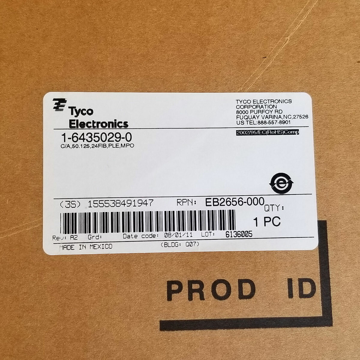 TYCO Fiber Optic Cable 100 ft MPO/MPO 24 Fiber 50/125, 1300nm Fiber Trunk