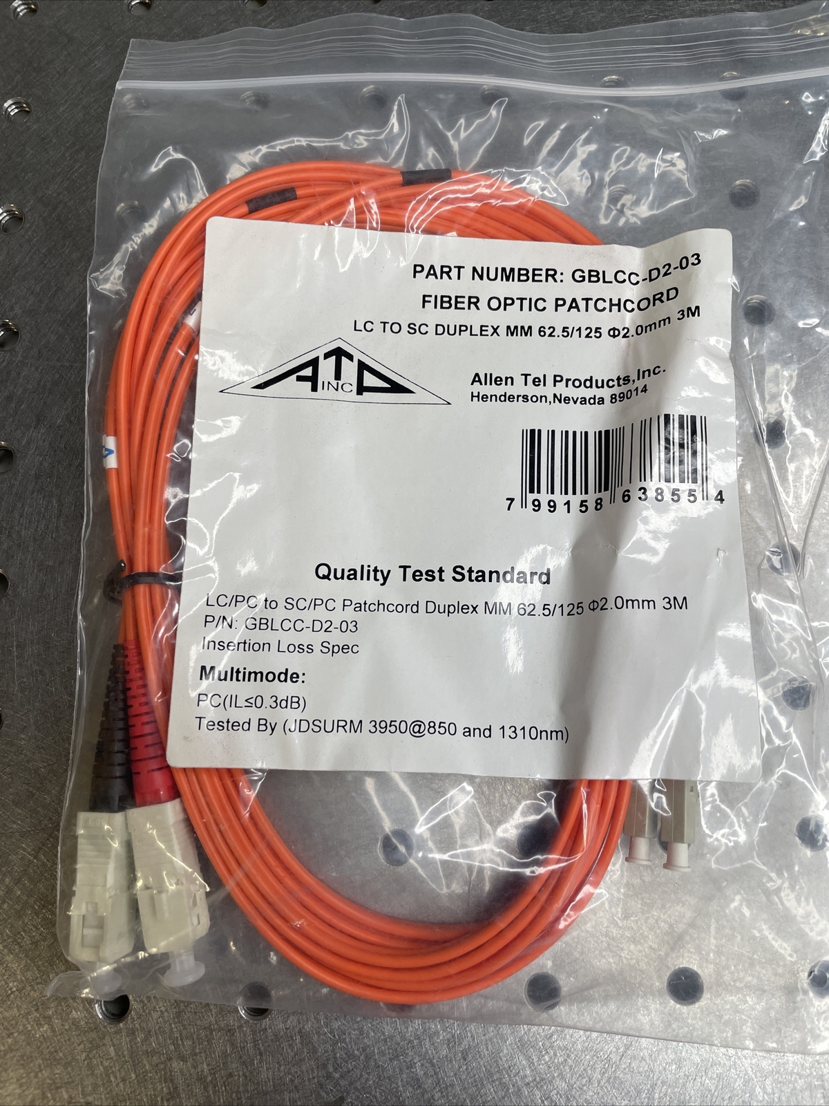 Allen Tel GBLCC-D2-03 Fiber Optic Patch Cord, Multimode OM1 Duplex LC to SC, 3 M