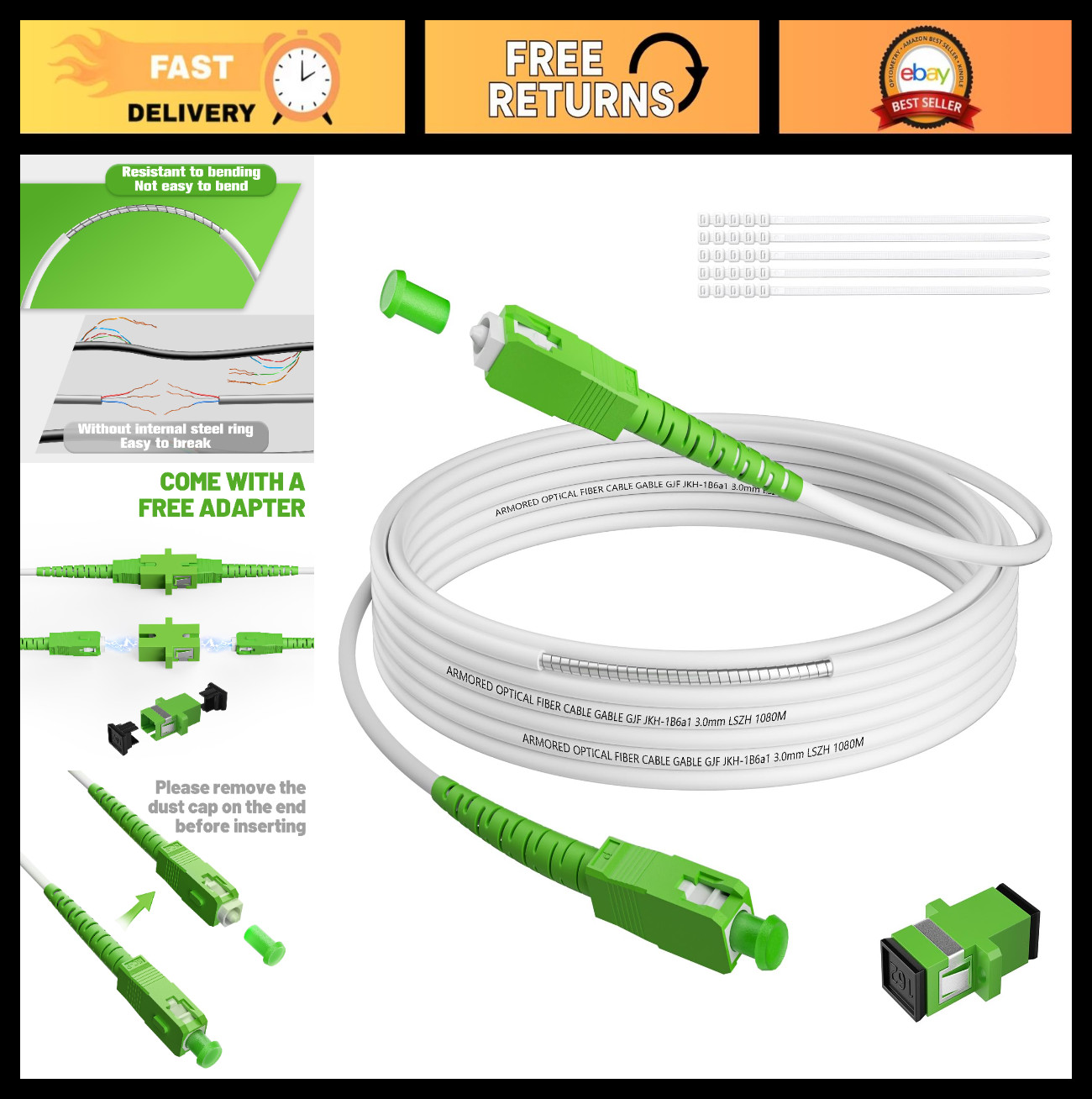 40FT Armored SC/APC to SC/APC Fiber Optic Cable, Single Mode Jumper Cord, OS1/OS