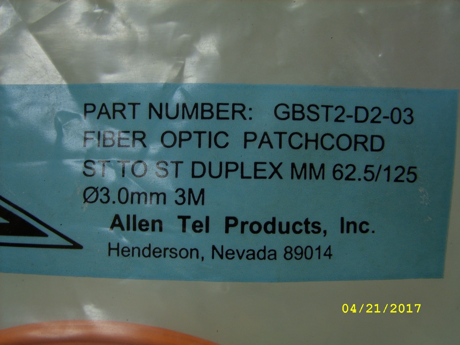 Allen Tel Products Fiber Optic Patchcord GBST2-D2-03 ST to ST Duplex MM 3.0mm 3M