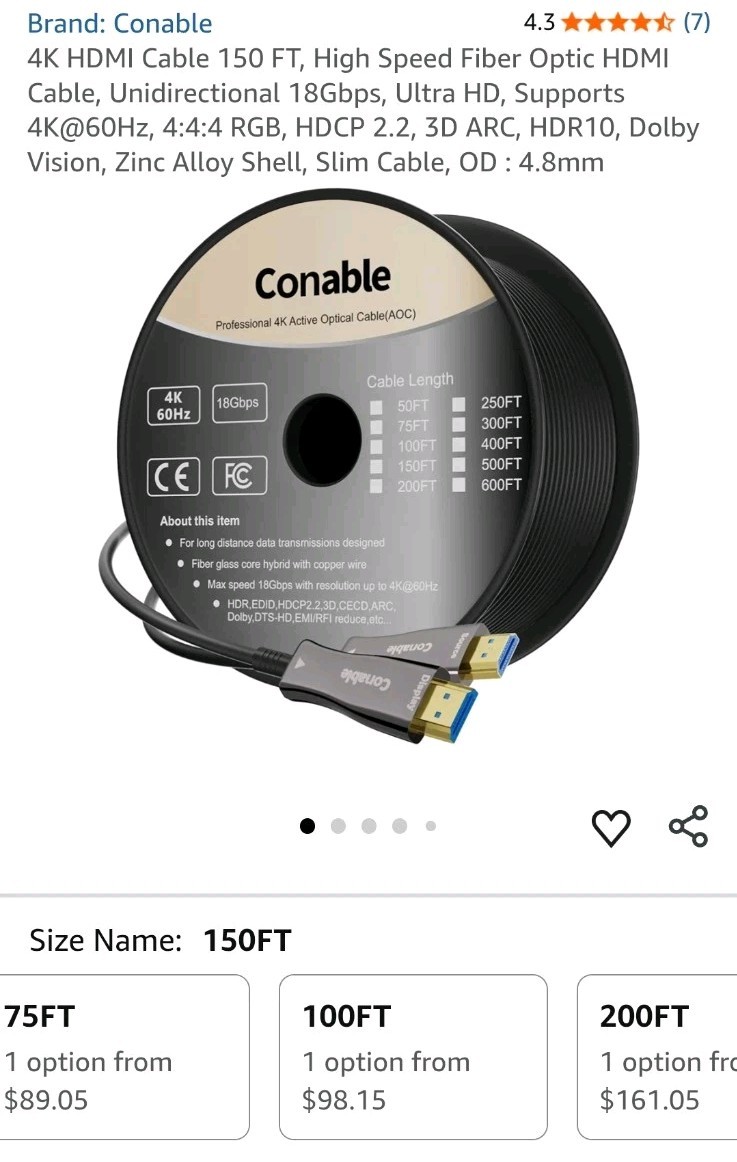 Pro 4K Active Optical Cable HDMI 2.0 600 Feet 4K@60Hz 18Gbps High Speed Fiber