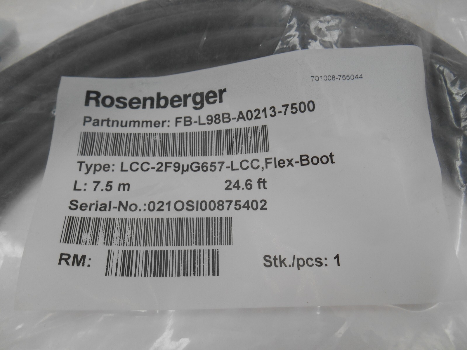 Rosenberger FB-L98B-A0213-7500, Fiber Jumper Cable 7.5M 24.6 ft LLC-2F9μG657-LCC