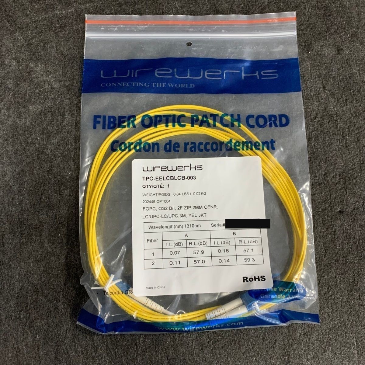 WIREWERKS Fiber Optic Patch Cord, Yellow TPC-EELCBLCB-003 Lot of 10