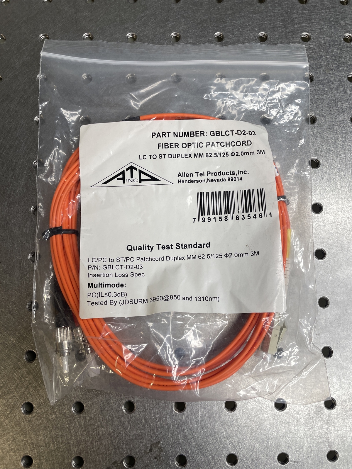 Allen Tel GBLCT-D2-03 Fiber Optic Patch Cord, Multimode OM1 Duplex LC to ST, 3 M
