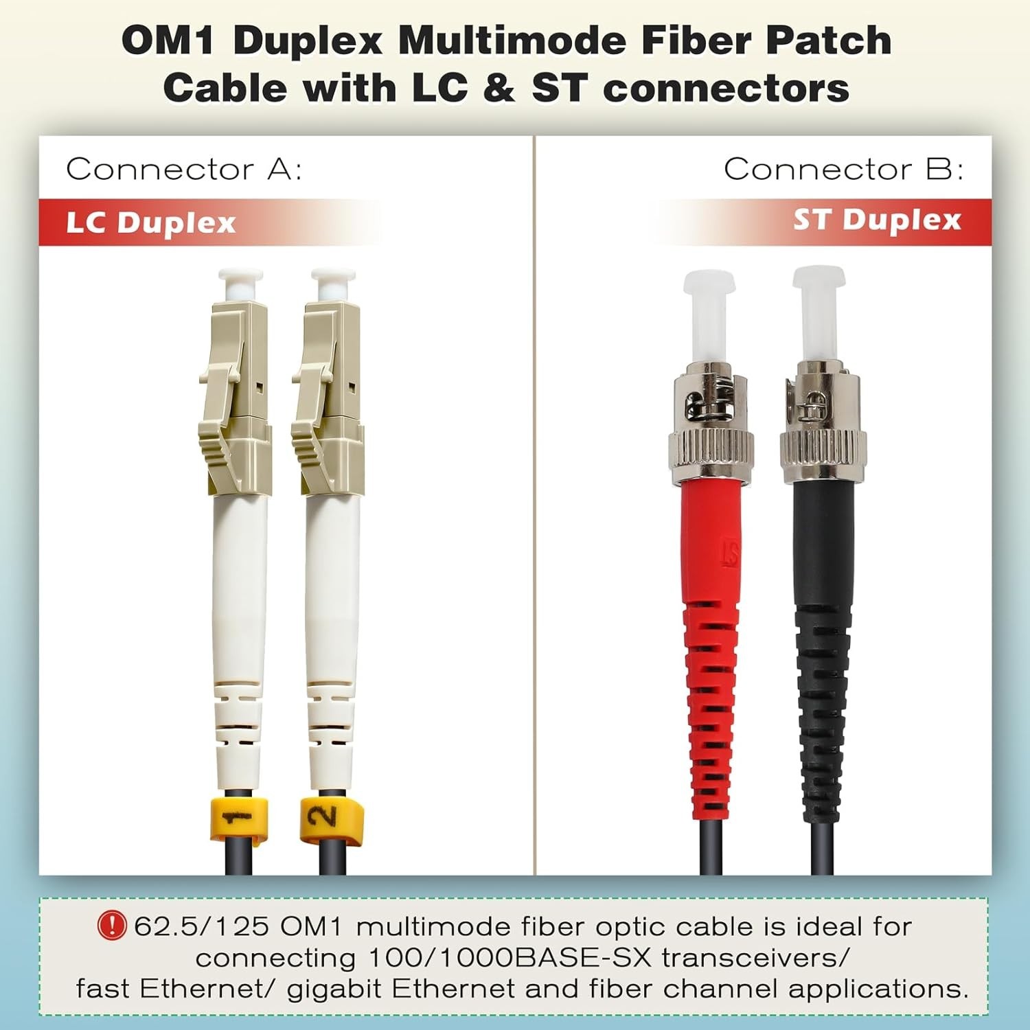75m OM1 LC to ST Duplex Fiber Optic Cable OFNR 62.5/125 Multimode