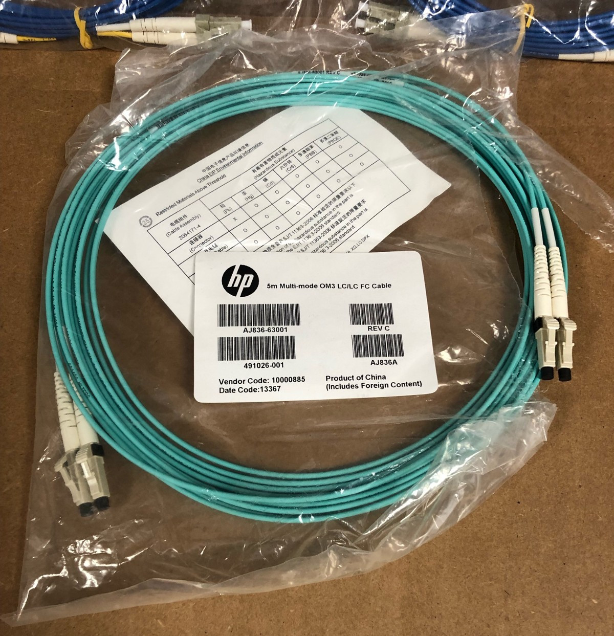 (X2) HP QK734A 5m fiber optic OM4 & (X1) HP AJ836A 5M Multi Mode OM3 LC/LC cable
