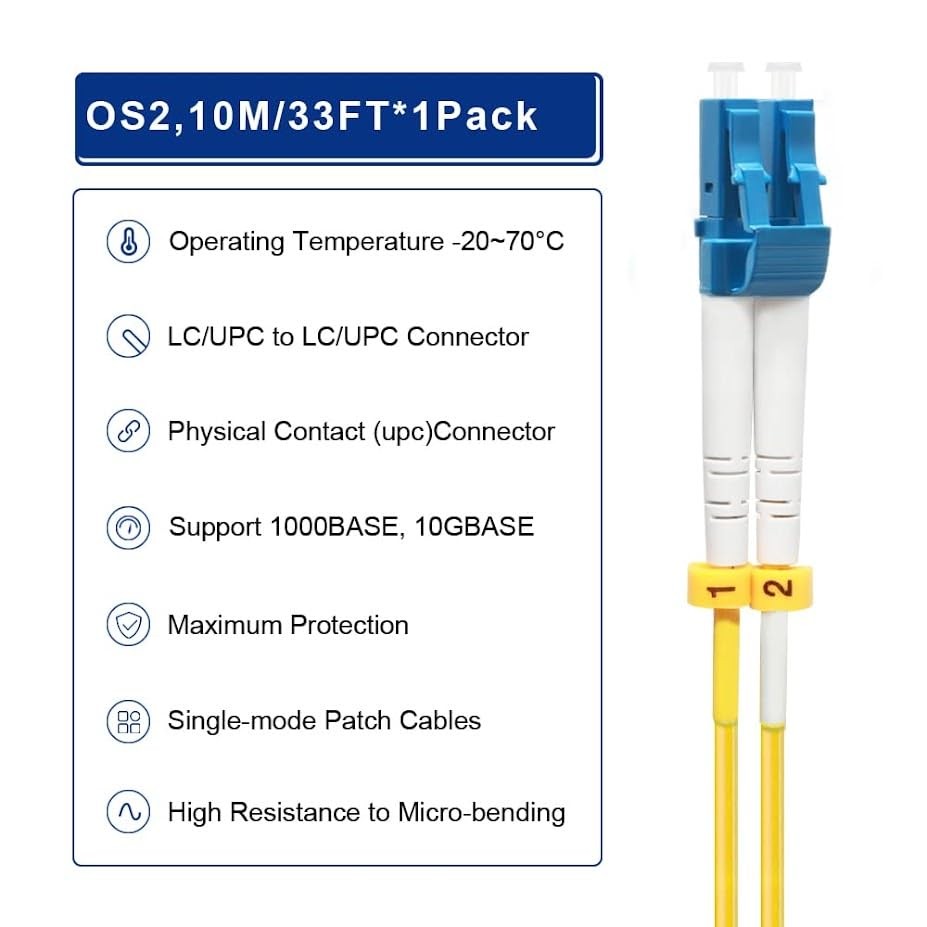 OS2 LC To LC Single Mode Duplex Fiber Patch Cable SMF Jumper Yellow 3ft 2 Pack