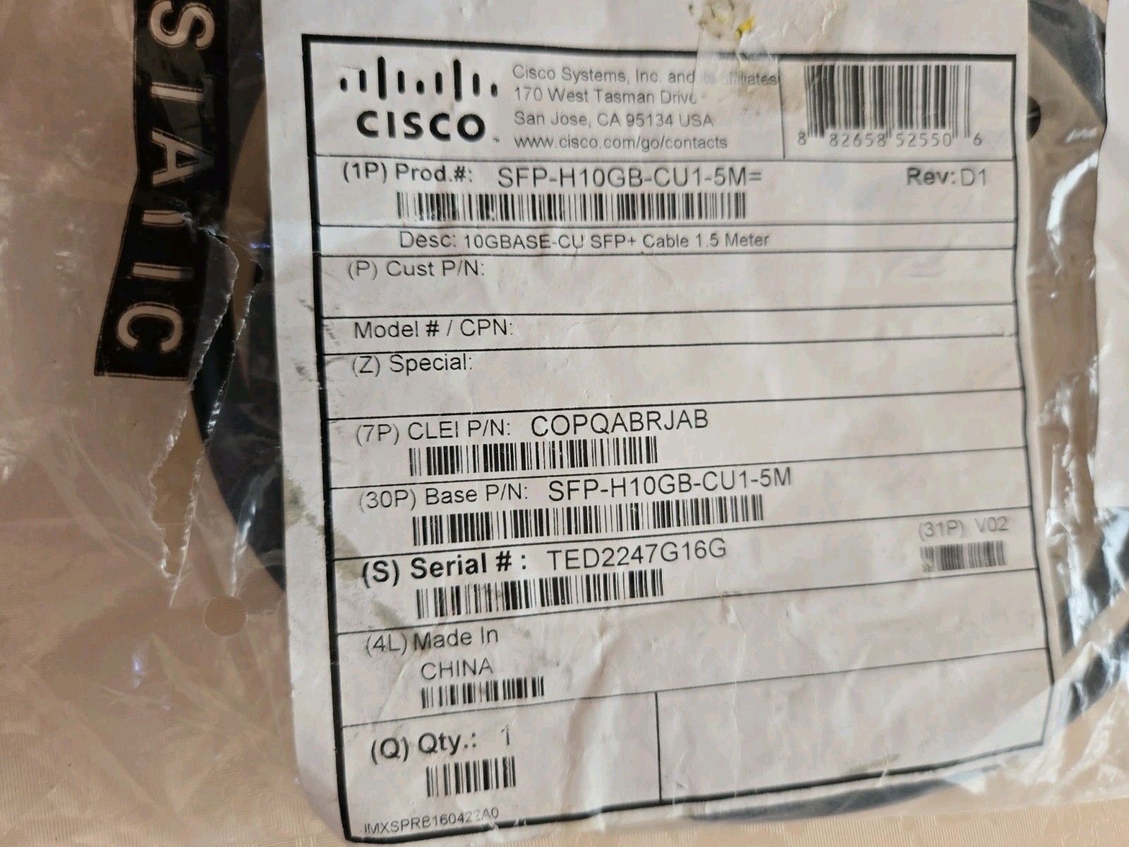 CISCO GENUINE SFP-H10GB-CU1-5M 10GBASE-CU SFP+ CABLE 1.5 METER COPQABRJAB