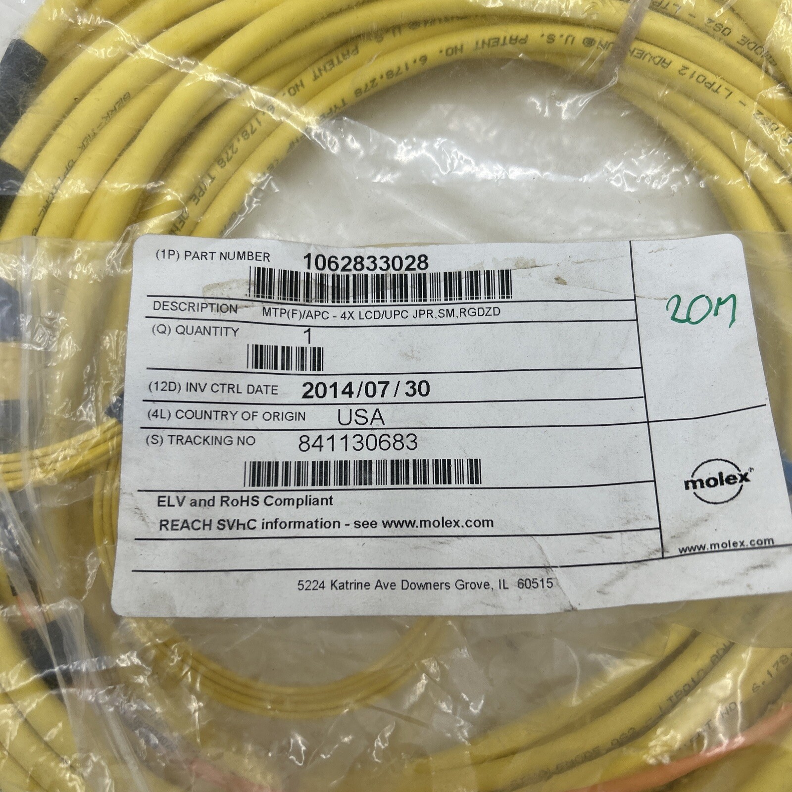 MOLEX QSFP MPO/MTP 60ft 4x LC Fiber Optic Breakout Cable, Singlemode OS2 Yellow