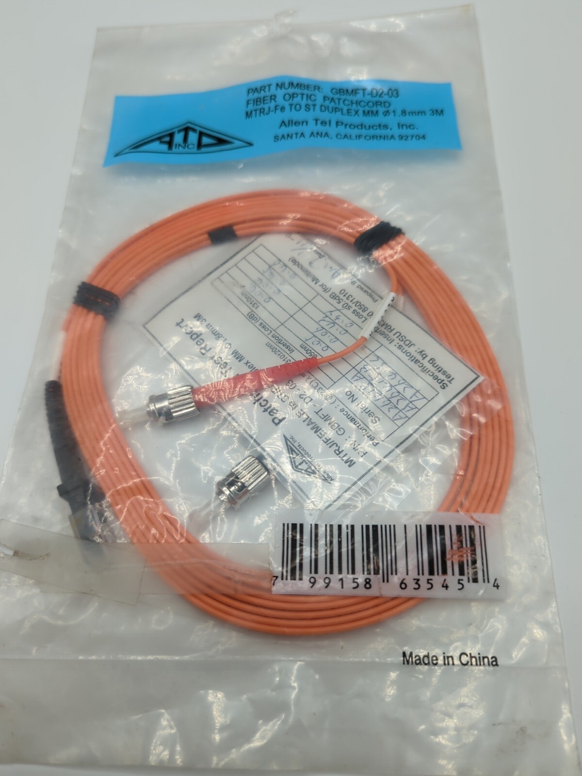 Allen Tel GBMFT-D2-03 Multimode OM1 Duplex MTRJ(F) to ST Fiber Optic Patch Cord