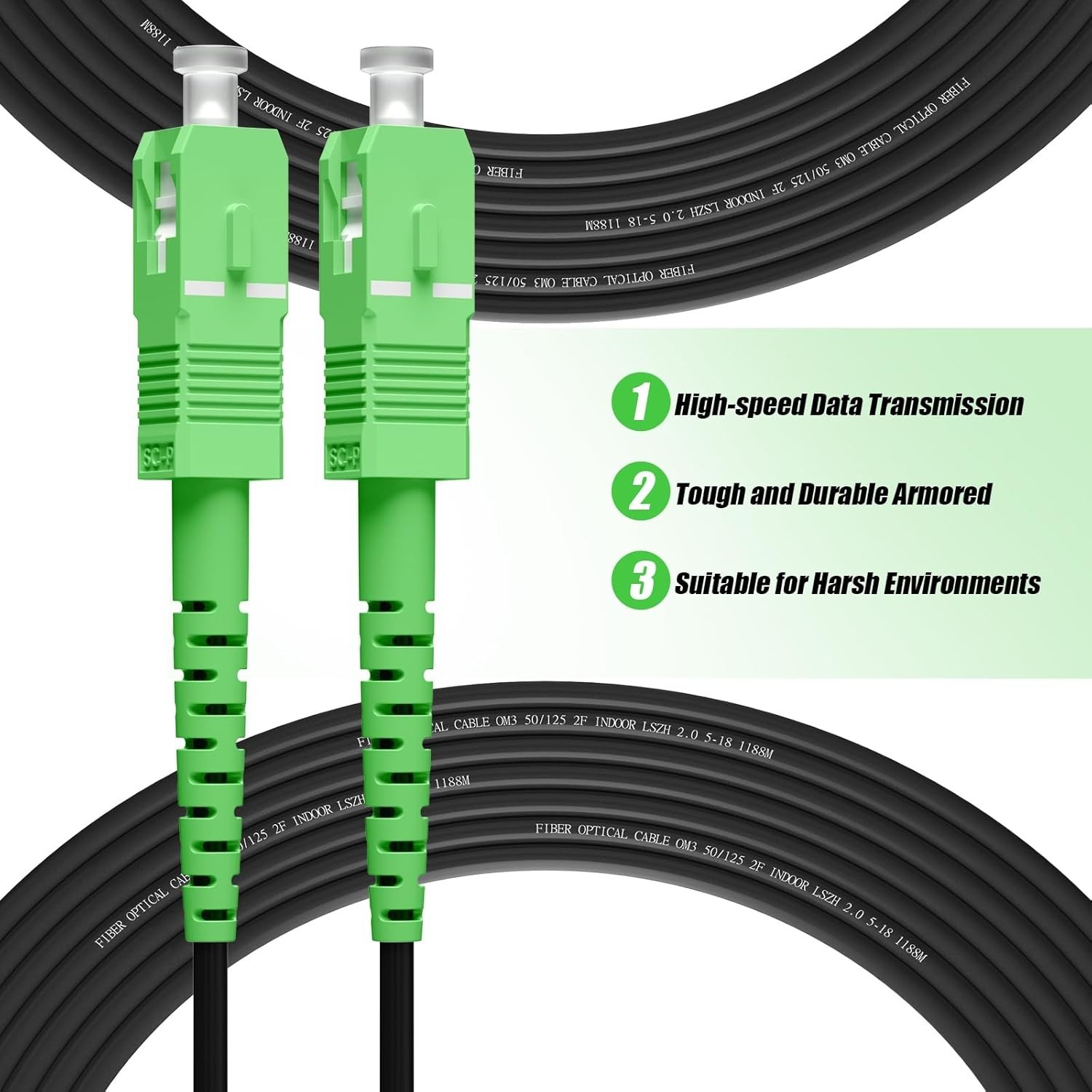 30m SCA to SCA Outdoor Fiber Optic Cable – LSZH Armored, Low Loss, Black